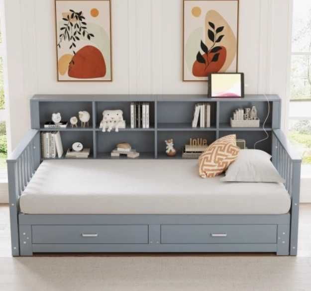Sofa z łóżkiem Łóżko wysuwane 90/180x190cm 2szuflady/USB szare