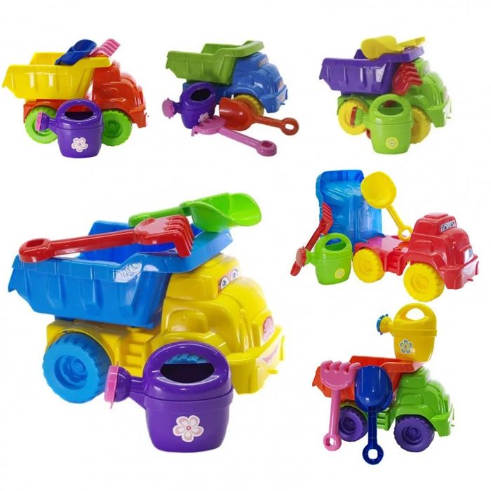 Лійка, лопатка, граблі та велика вантажівка для піску