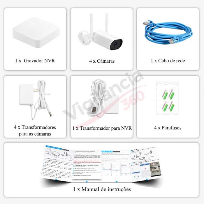 Kit Videovigilância 4 Câmaras + NVR WiFi 3MP FullHD Exterior