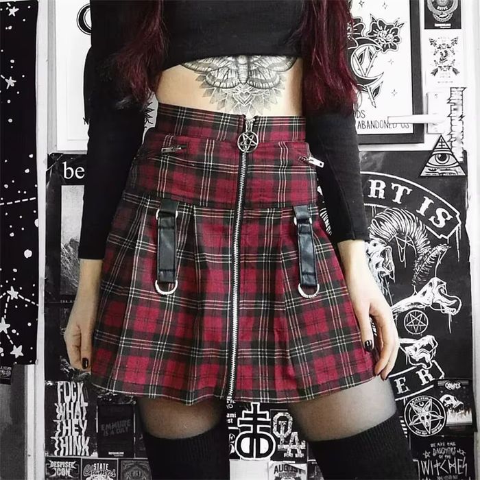 Spódnica w Kratkę z Elementami Gotyckimi Wysoki Stan GOTH - M