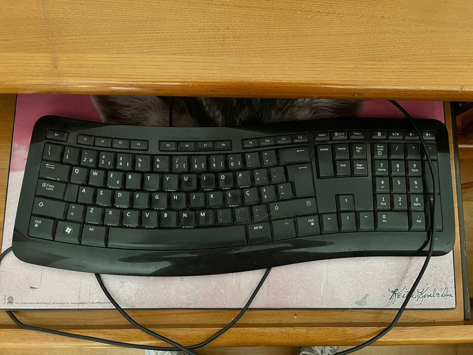 Computador de mesa. Com torre colunas rato teclado e ecrã a funcionar