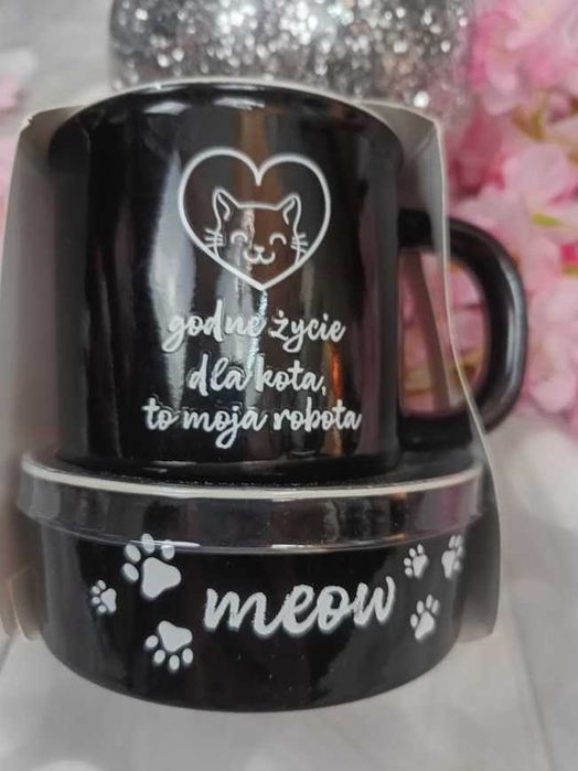 Nowy Komplet kubek 350 ml + miska dla kota 12 cm Eloy czarny