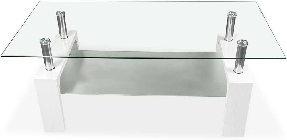 Mesa de centro de vidro 110 x 45 x 55 cm [BRANCO ou MADEIRA] - NOVO