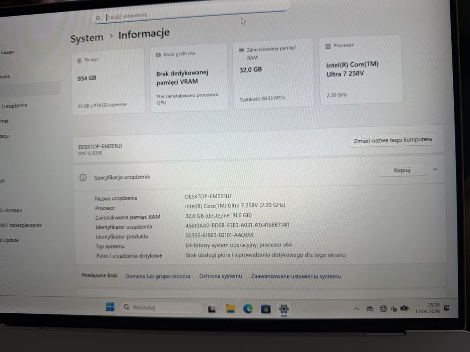 Laptop Dell XPS 13 9350 | Intel Core Ultra 7 258V | 32 GB RAM | jak nowy