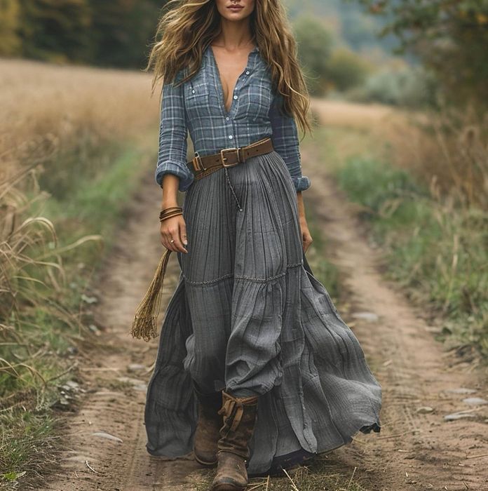 Nowa długa sukienka boho XL oliwkowa krata – zwiewna i wygodna