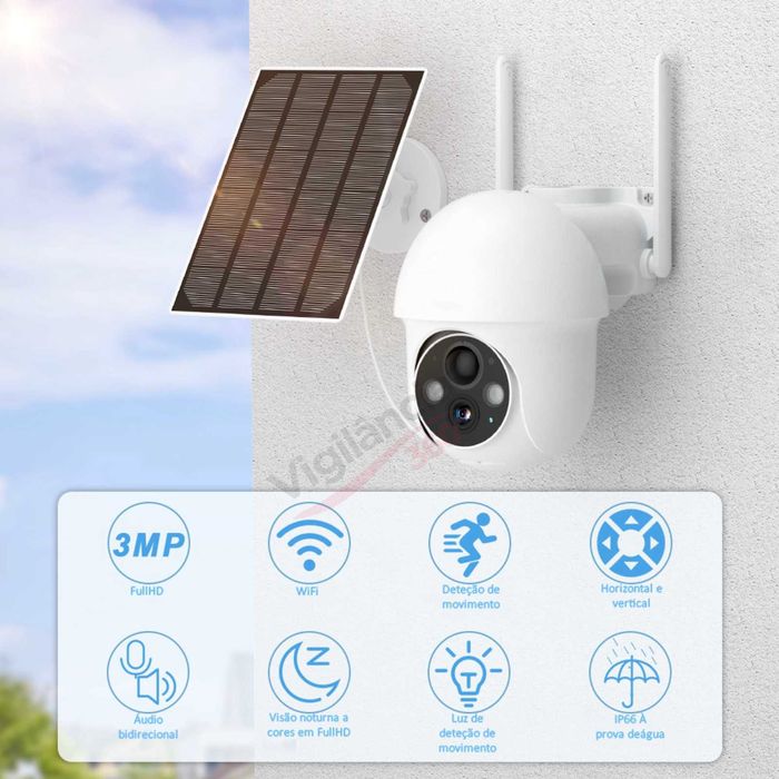 Câmara Vigilância WiFi 3MP Bateria e Painel Solar Visão Noturna a Cores IP66 - NOVA