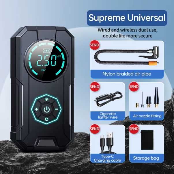 Автокомпресор 4-в-1 | Бездротовий Насос для шин | PowerBank | Ліхтар