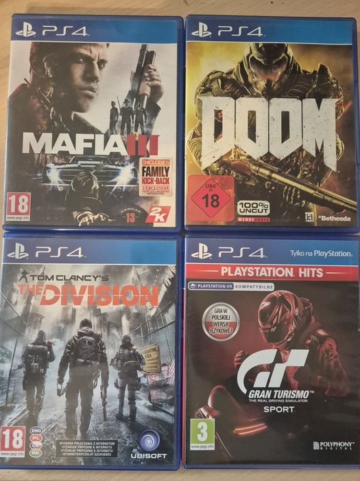 Zestaw gier ps4 mafia 3, doom, the division, gran turismo sport
