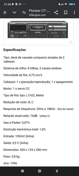 Leitor gravador cassetes Pioneer CT S-250
