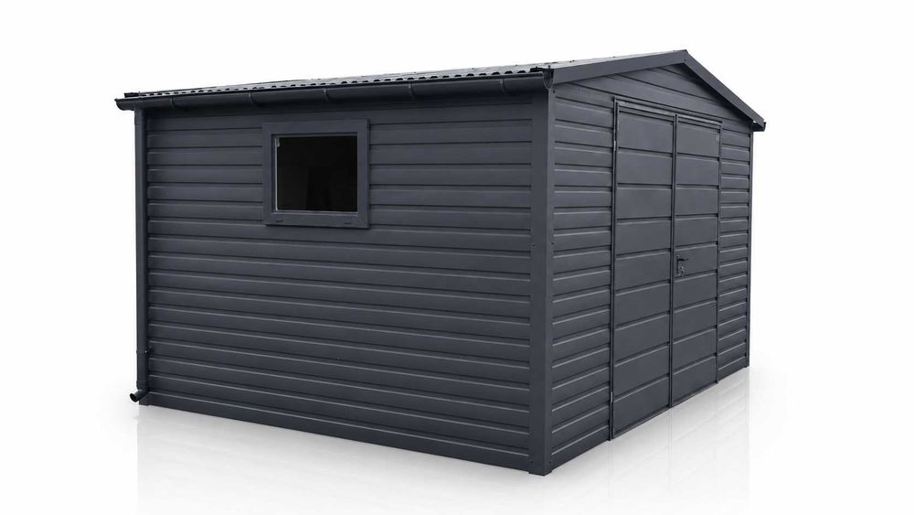 Domek Narzędziowy 4x3m Ciemny Grafit MAT Dach dwuspadowy, brama, okno PRODUCENT