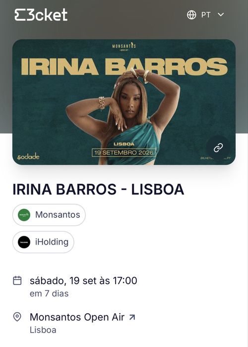 2 bilhetes-Irina Barros- Monsanto Open Air 19-09
