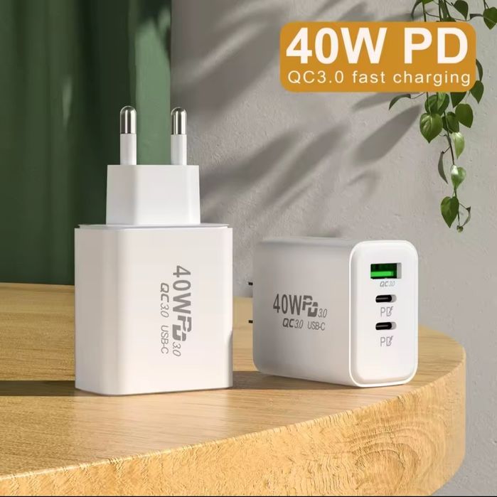 Ładowarka sieciowa 40W 2x USB -C + USB -A do telefonu tabletu