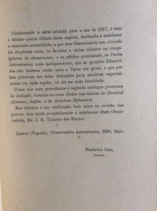 Dados astronomicos para os almanaques de 1930 para Portugal. Ver índice