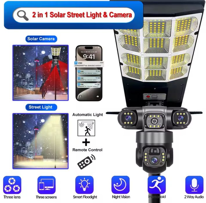 Камера ліхтар відеоспостереження V380 15mp 3 об'єктива 4g sim card