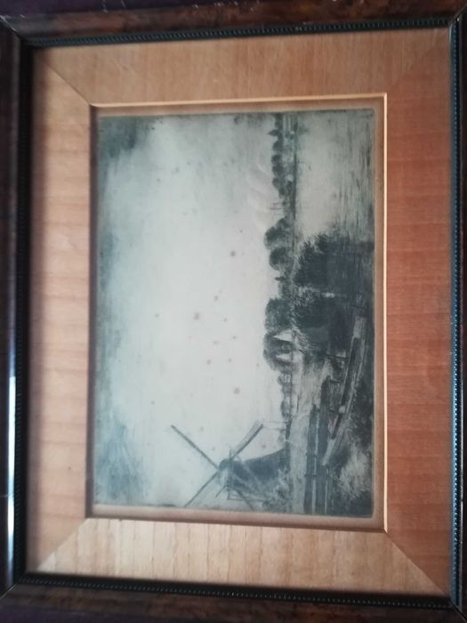 stary obraz  w ramie za szyba