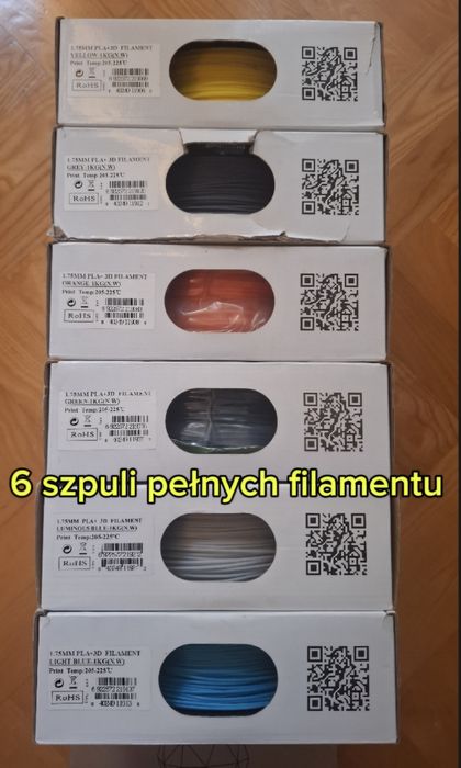 6 szpuli pełnych filamentu+Możliwość dokupienia  długopisu 3D