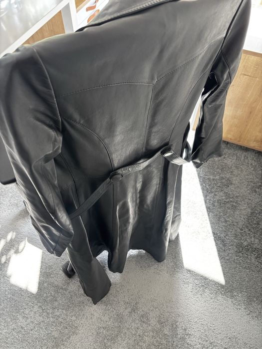 Vintage damski skórzany trencz z paskiem wiązany prochowiec płaszcz z prawdziwej skóry real leather