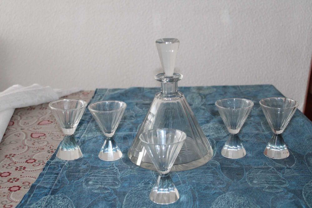 Conjunto de Garrafa e 5 copos cristal, arte Nova beleza e raridade