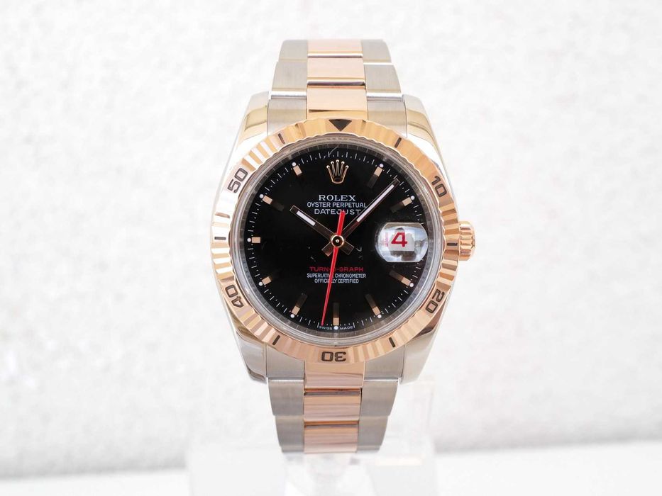 Rolex Datejust Turn-O-Graph 18K Rose Gold Steel Black Dial 36