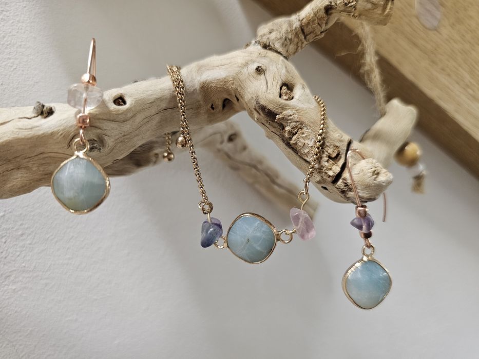 Komplet amazonit ametyst różowe złoto kolczyki i bransoletka