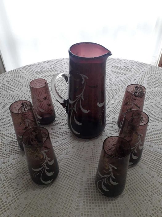 Conjunto vintage de jarro e seis copos, pintado à mão