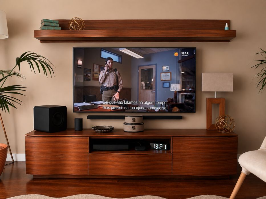Móvel de TV + Prateleira Antarte em Nogueira | Design Ondulado