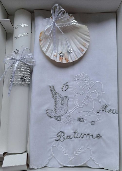 conjunto para batismo / batizado: vela, concha, toalha