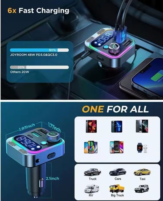 Hit - Transmiter samochodowy nadajnik FM Bluetooth 5,3 Szybka ładowarka USB Huawei Super Jakość!