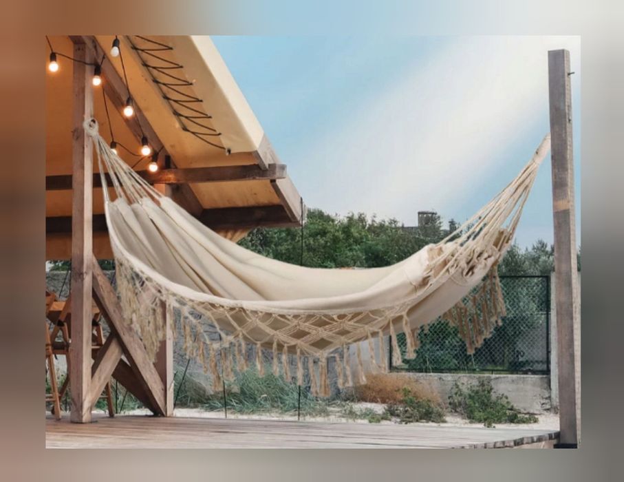 Hamak duży XXL beżowy z frędzlami boho na ogród balkon NOWY