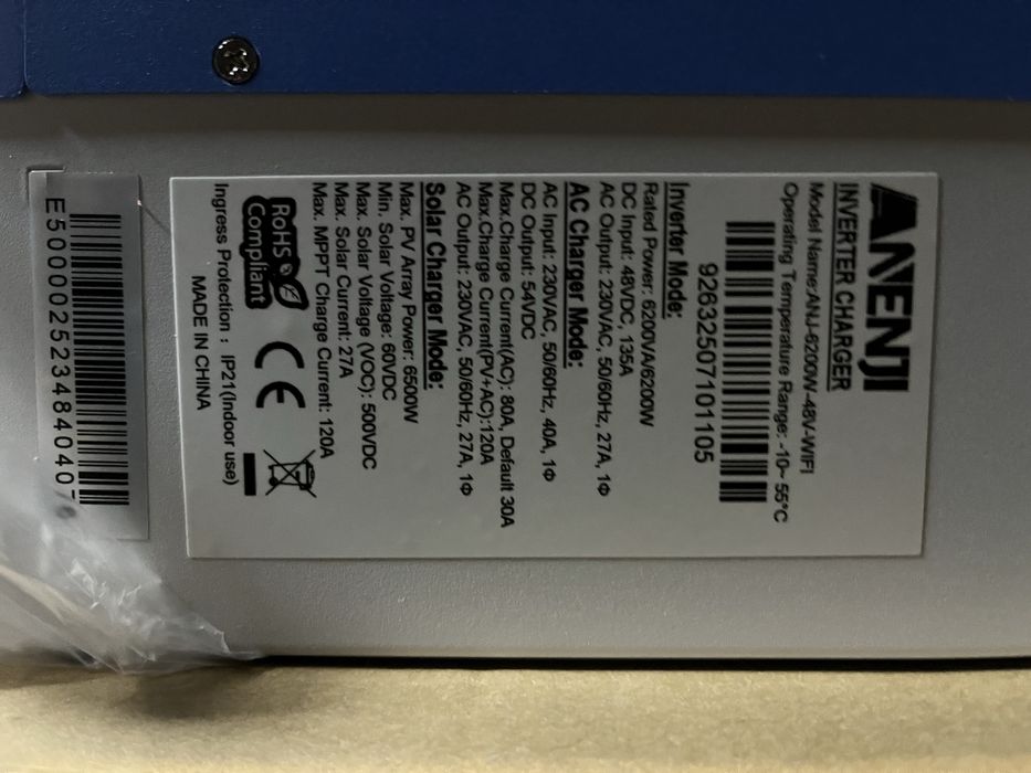Гібрідний сонячний інвертор 6.2кв ANENJi-6200W-48V-WIFI