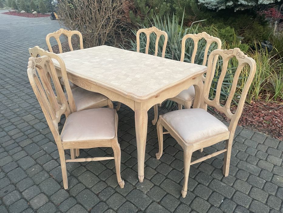 Stół 6 krzeseł w stylu ludwikowskim oczyszczone dąb stan surowy