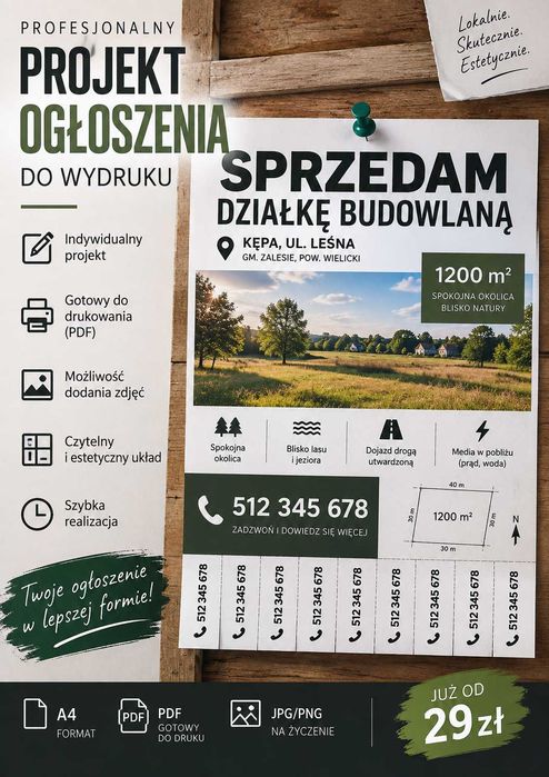 Projekt ogłoszenia A4 do wydruku – estetyczna grafika na tablicę