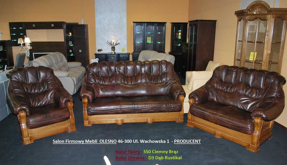 Nowy Komplet 3+2+1 KEVIN Stylowy, SKÓRA+ Dąb Rustikal = Meble Pyka