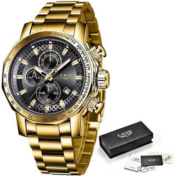 Relógio Luxuoso Masculino LIGE bracelete metal dourado (Novo)