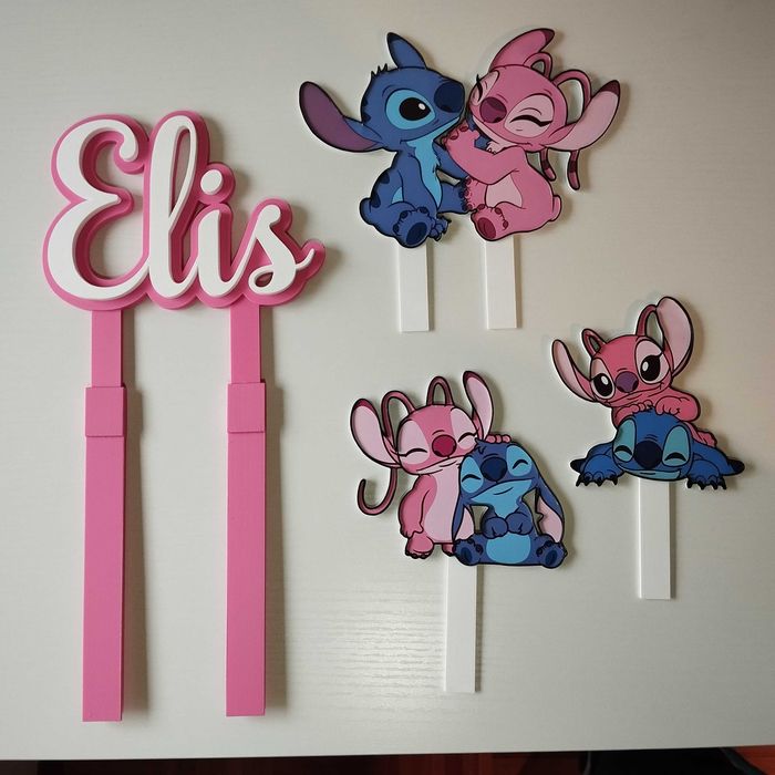 Topper de Bolo Stitch e Angel Personalizado