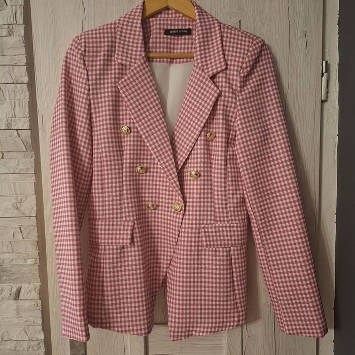 Marynarka dwurzędowa różowa w białą kratkę roz.M