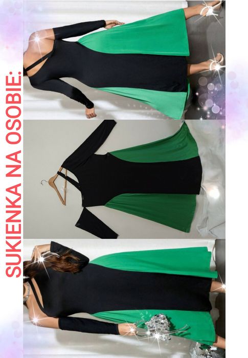 48 50 52, 3XL Asymetryczna sukienka, MIDI Plus Size zielona, ballet st