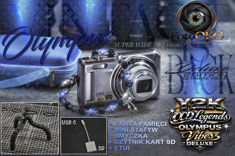 Vintage Y2K CCD aparat kompaktowy Olympus D-720 (VR-310)  + etui, statyw, czytnik, 2 smyczki, karta 16GB, 2 mikrofibry