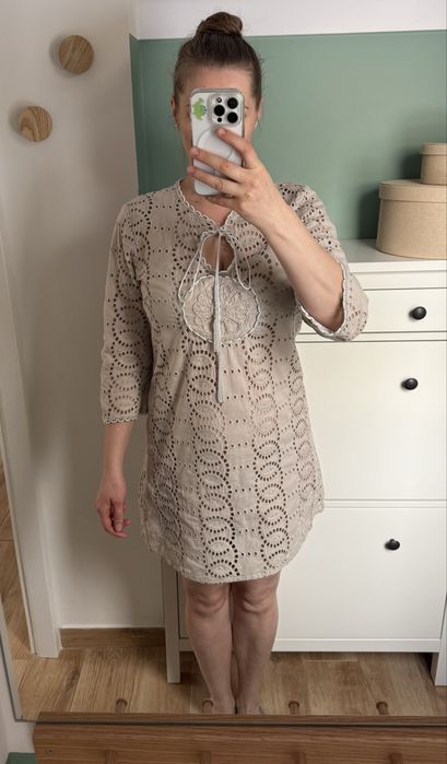 Beżowa bawełniana sukienka boho hippie M 38 L 40 ażurowa na lato