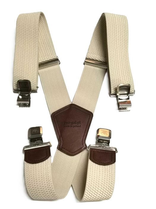 Szelki męskie do spodni beżowe z brązową skórą NOWE