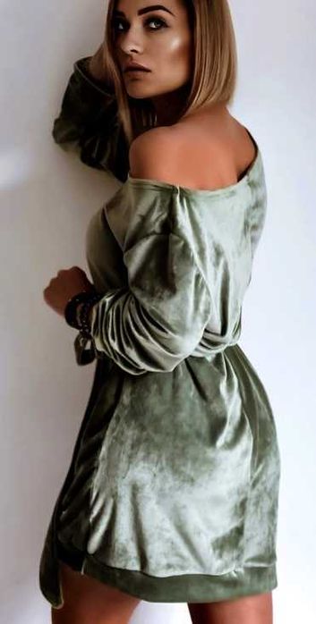 Sukienka welurowa OLIVE - oliwkowa polski producent r. M/L