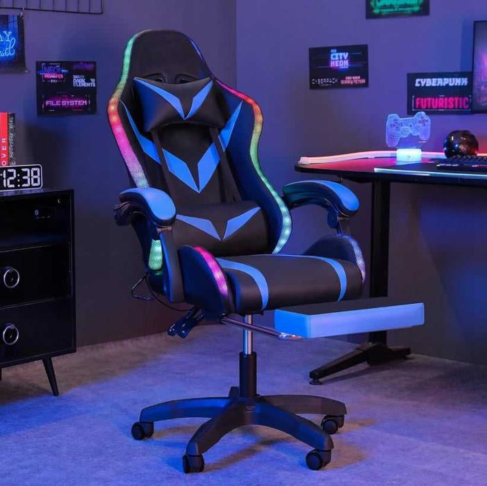 NOWY Fotel gamingowy dla gracza kubełkowy krzesło biurowe Podnóżek + Masaż + LED