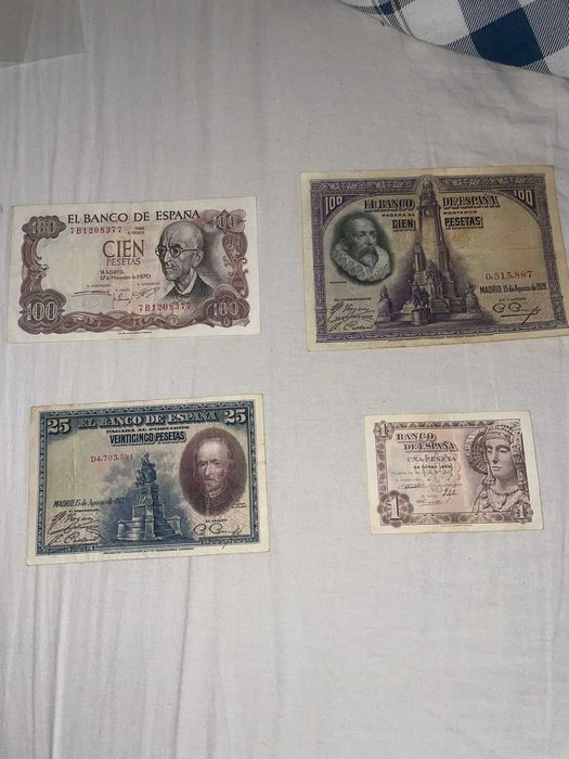 Notas vintage de Espanha 1 peseta,25 e 2 de 100