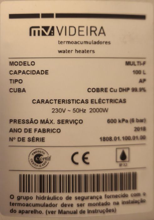 Termo acumulador 100l MVideira em cobre Garantia Vitalícia