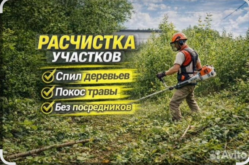 Спил деревьев,покос травы и поросли,уход за садом и многое другое