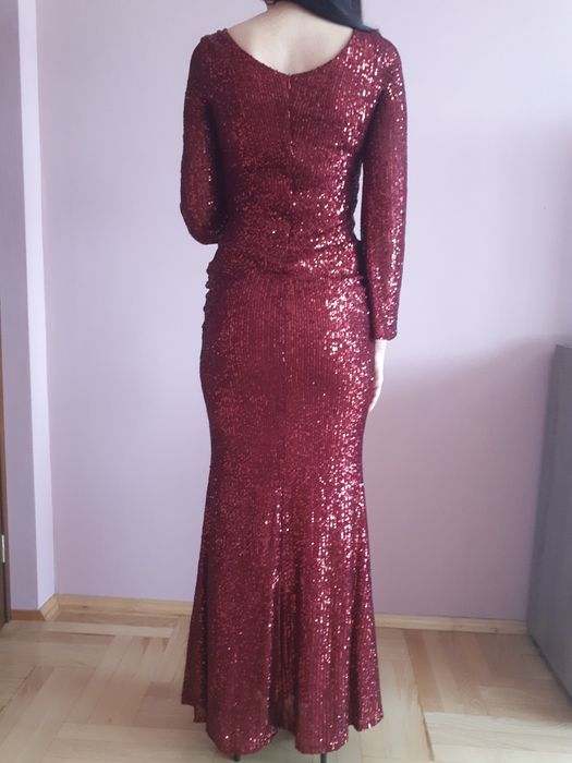 Bordowa cekinowa długa suknia sukienka XS 34