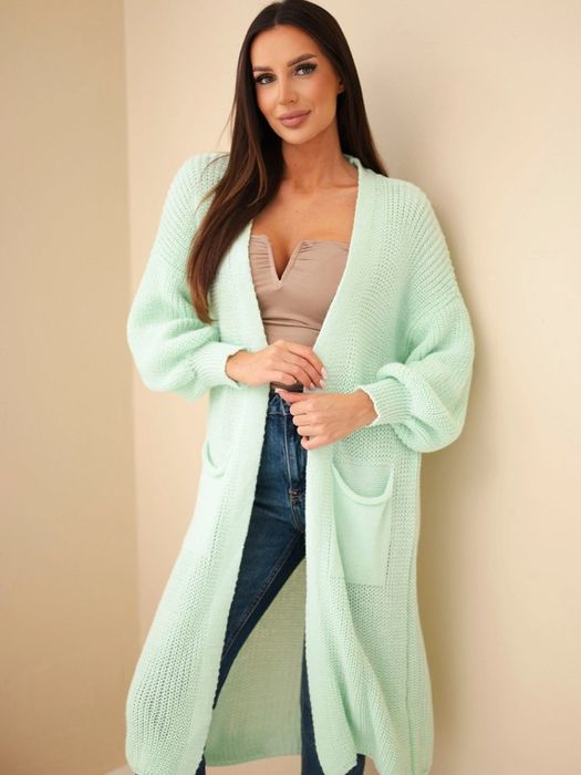 Kardigan damski długi jasnomiętowy włoski sweter 115 cm M L XL