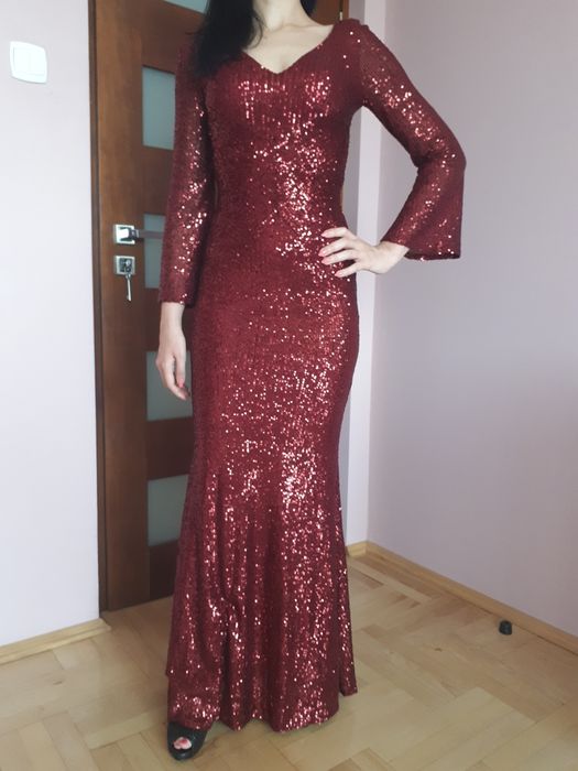 Bordowa cekinowa długa suknia sukienka XS 34
