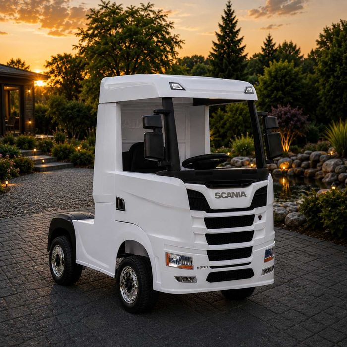 Auto na akumulator Scania Miękkie koła EVA Skóra Pilot 4×4 Biały