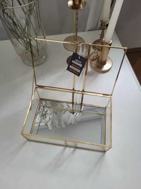 Pudełko / szkatułka szklana złota - słodki stół, obrączki, dekoracje